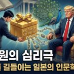 트럼프 대통령에게 52조원 규모의 일본 대미 투자 선물 상자를 건네는 일러스트. 선물 상자와 트럼프가 사슬로 연결되어 있어, 이번 투자가 마르셀 모스의 증여론과 헤겔의 변증법을 활용한 일본의 고도화된 심리 처세술임을 암시하는 썸네일 이미지
