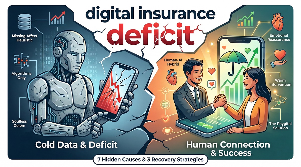 A blog thumbnail illustrating the causes and solutions for the digital insurance deficit, contrasting a soulless data Golem with a human-AI hybrid approach. It features the bold title "digital insurance deficit" and visual elements representing behavioral economics and macroeconomic strategies.