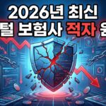 2026년 최신 디지털 보험사 적자 원인 타이틀과 함께, 붉은색 하락 그래프와 깨진 방패 아이콘으로 보험사의 재무적 위기를 직관적으로 표현한 3D 일러스트 썸네일
