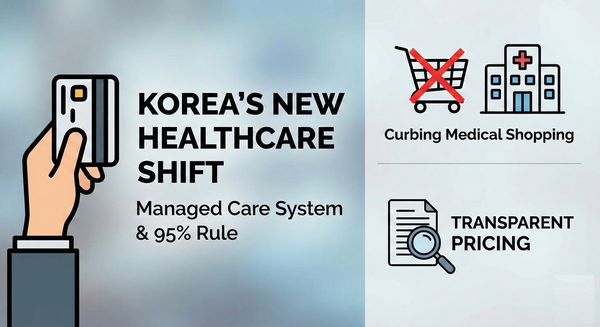 Infographic illustrating Korea's new managed care system featuring the 95% out-of-pocket rule, curbing medical shopping, and transparent pricing