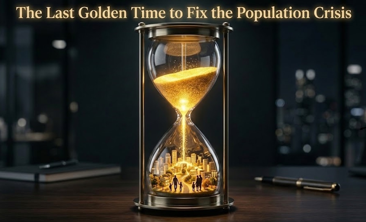 An elegant glass hourglass with glowing golden sand and miniature families, symbolizing the crucial window for a Korean birth rate rebound, with the text "The Last Golden Time to Fix the Population Crisis."