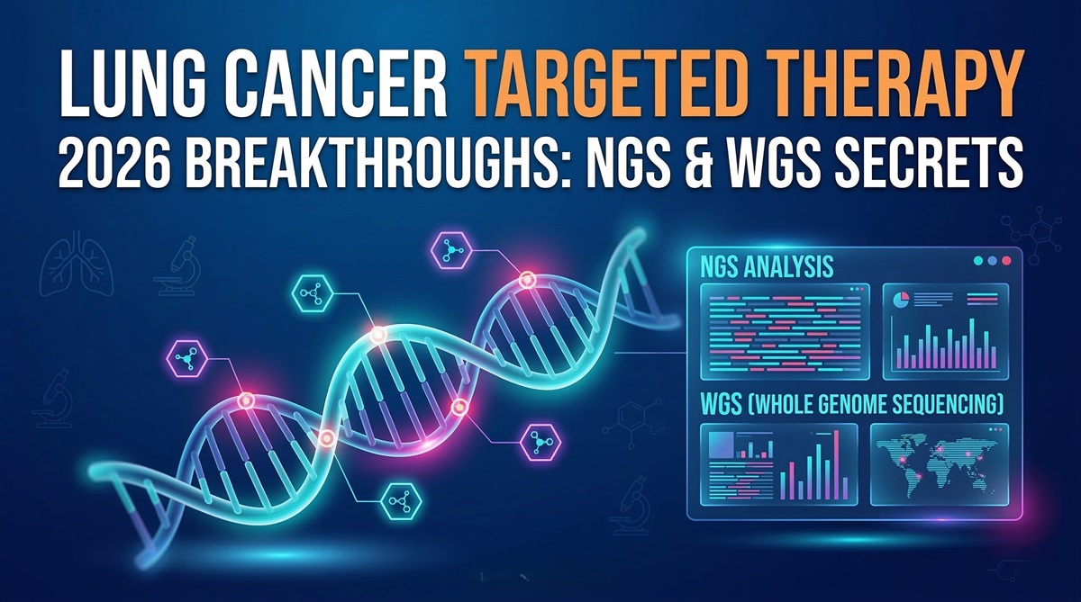 Futuristic DNA analysis dashboard illustrating 2026 breakthroughs in Lung Cancer Targeted Therapy using NGS and WGS technologies.